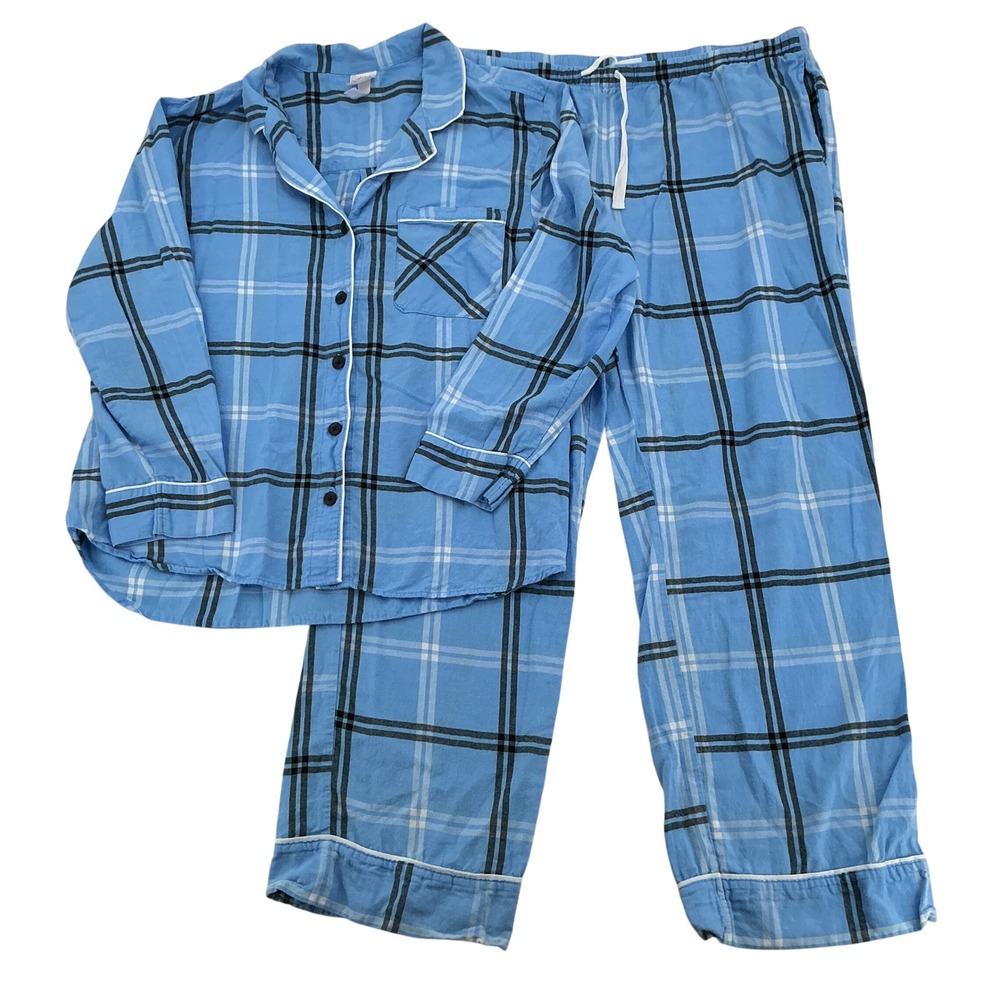Wondershop Pajama Set Womens XL Blue Plaid Cotton Flannel Loungewear Cozy